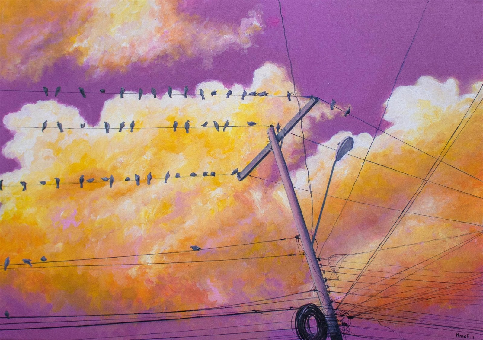 Downtown at noon — acrylic painting of a city street at midday