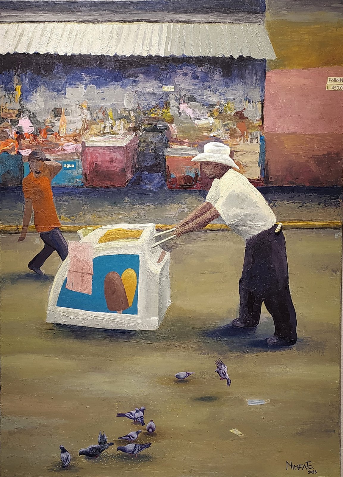 Helados en la avenida — painting of an ice cream vendor pushing a cart past pigeons on a city street