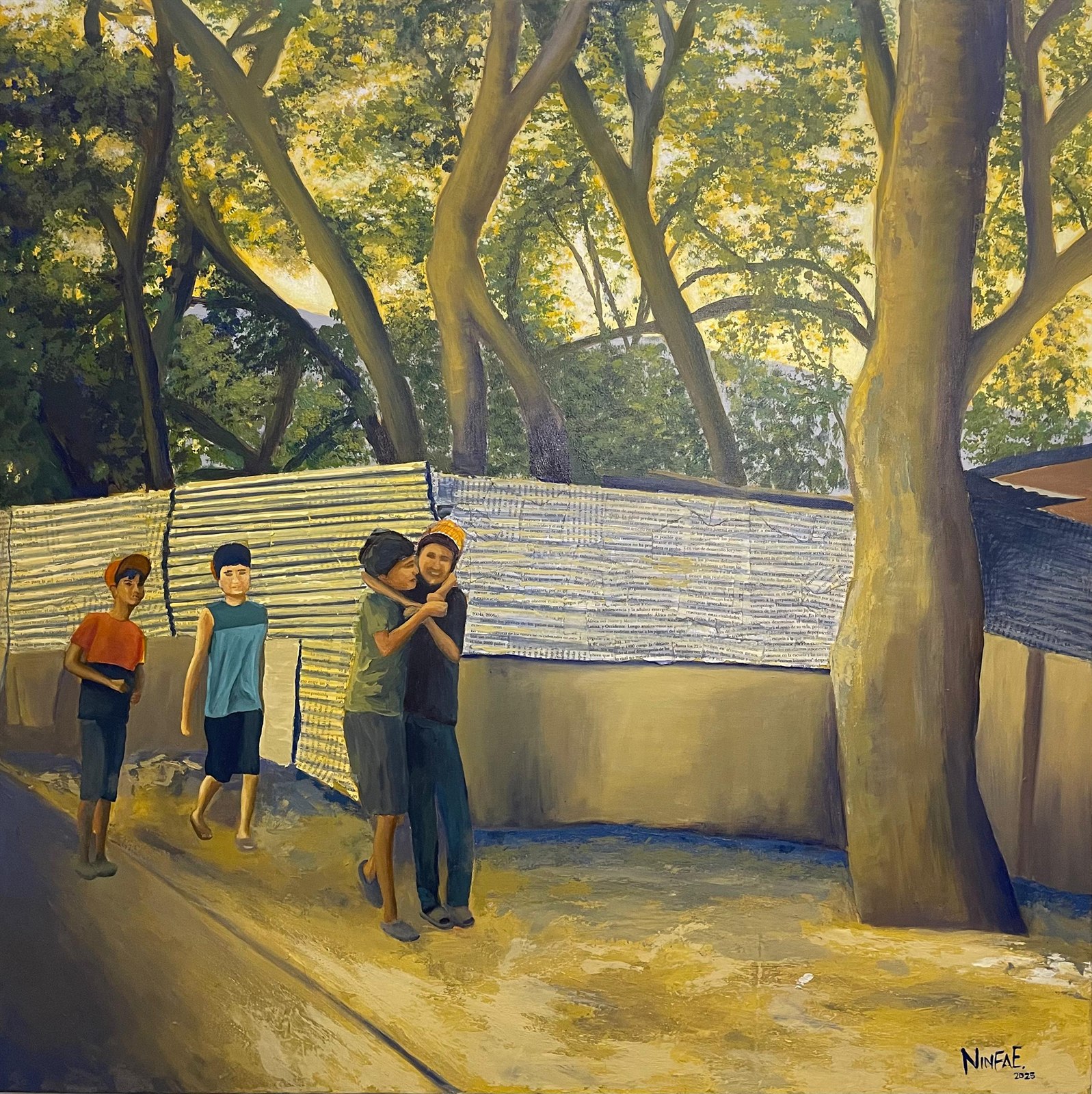 Lazos de niñez al atardecer — mixed media painting