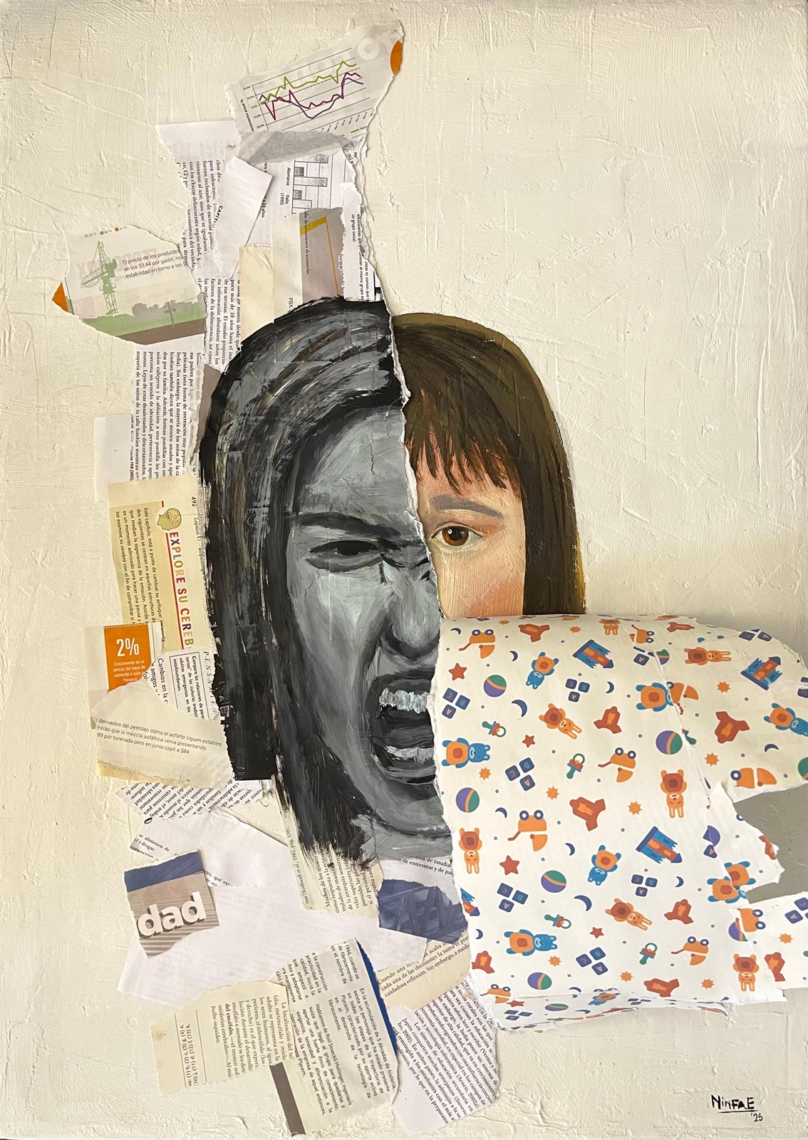 Tierno Desborde — mixed media painting of a face split between a painted grayscale scream and a photographic child's eye