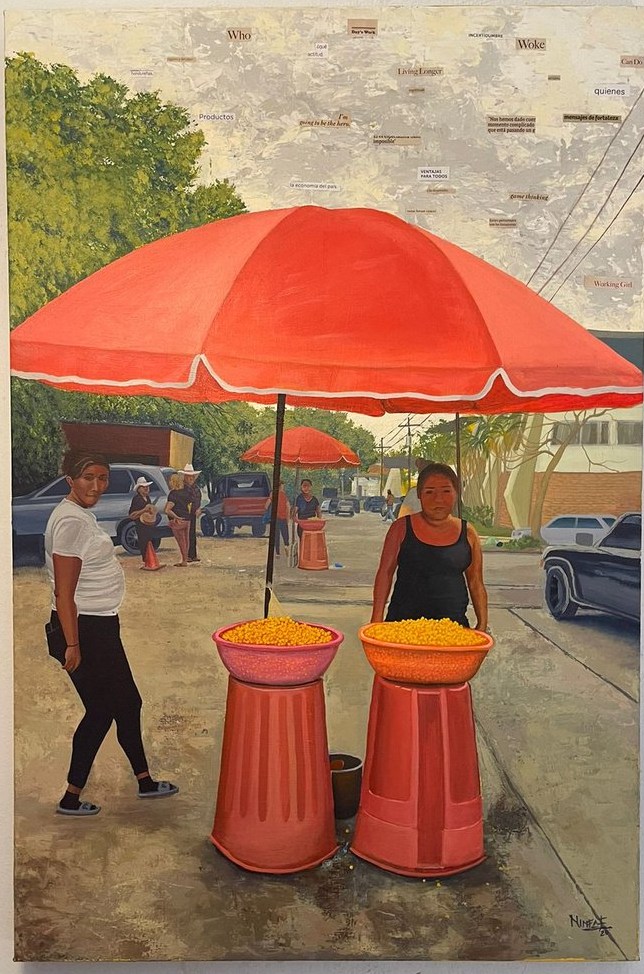 Vendedoras de Nances — mixed media painting of street vendors